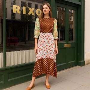 RIXO London 100% Silk Mixed Print Midi Dress — Polka Dot & Floral Patchwork